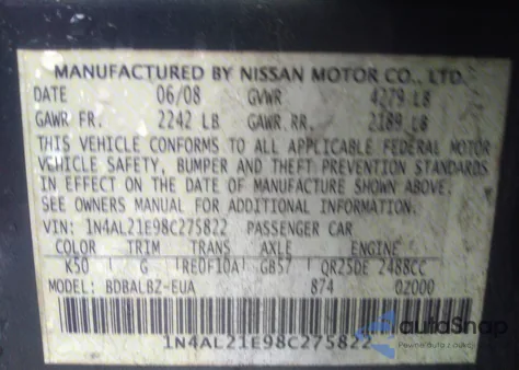 2008 Nissan Altima 2.5 S from USA, damaged, VIN 1N4AL21E98C275822